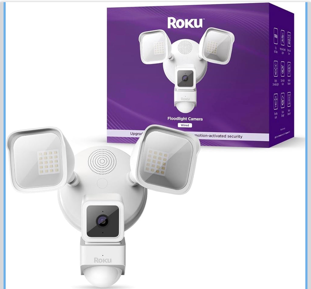 Roku Wired Floodlight Security Camera Outdoor 1080p HD Motion Detection Night Vision White