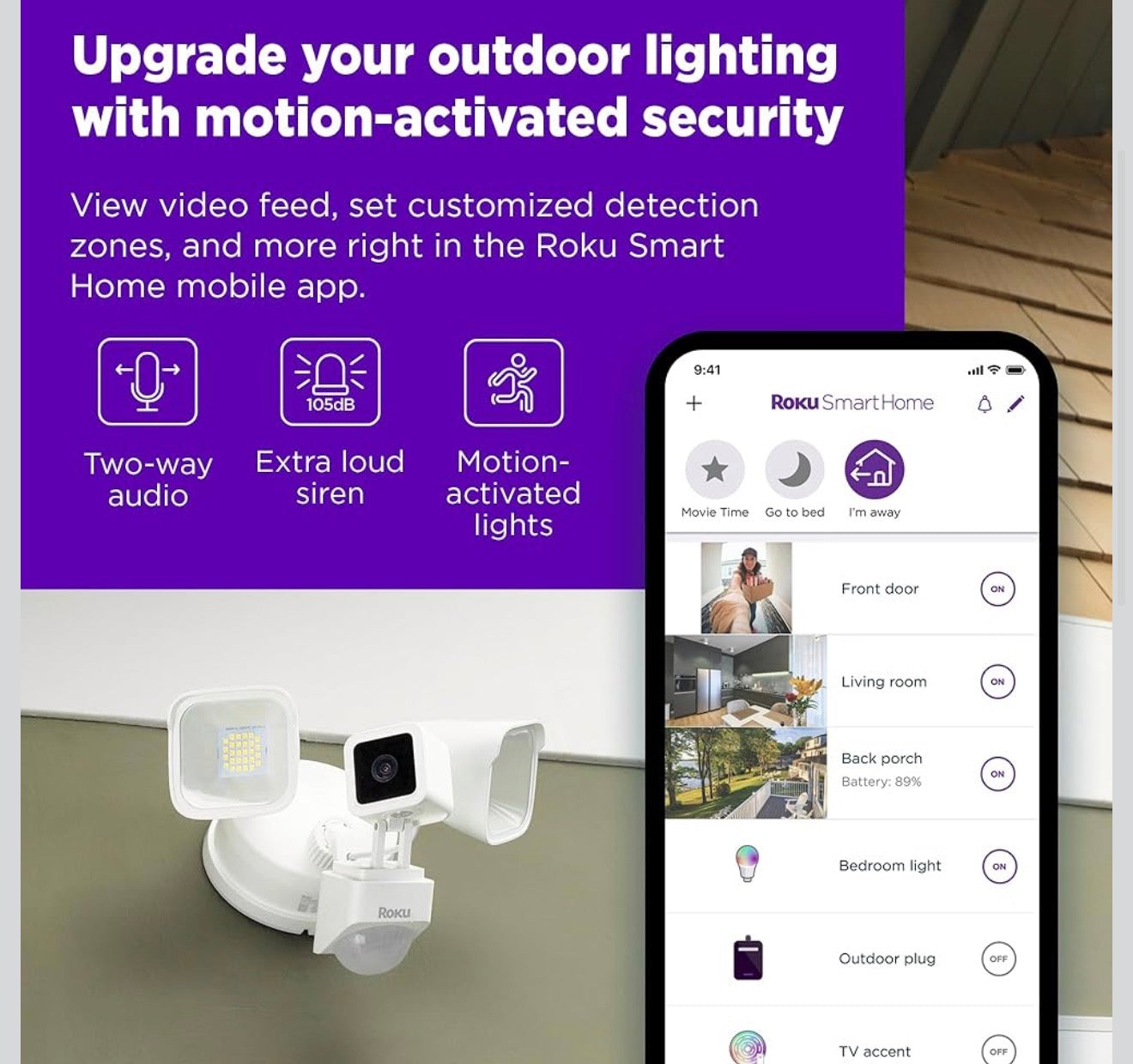 Roku Wired Floodlight Security Camera Outdoor 1080p HD Motion Detection Night Vision White