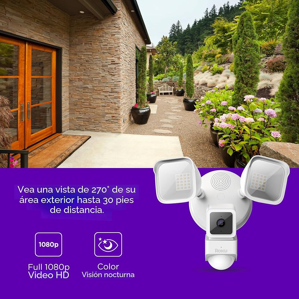Roku Wired Floodlight Security Camera Outdoor 1080p HD Motion Detection Night Vision White