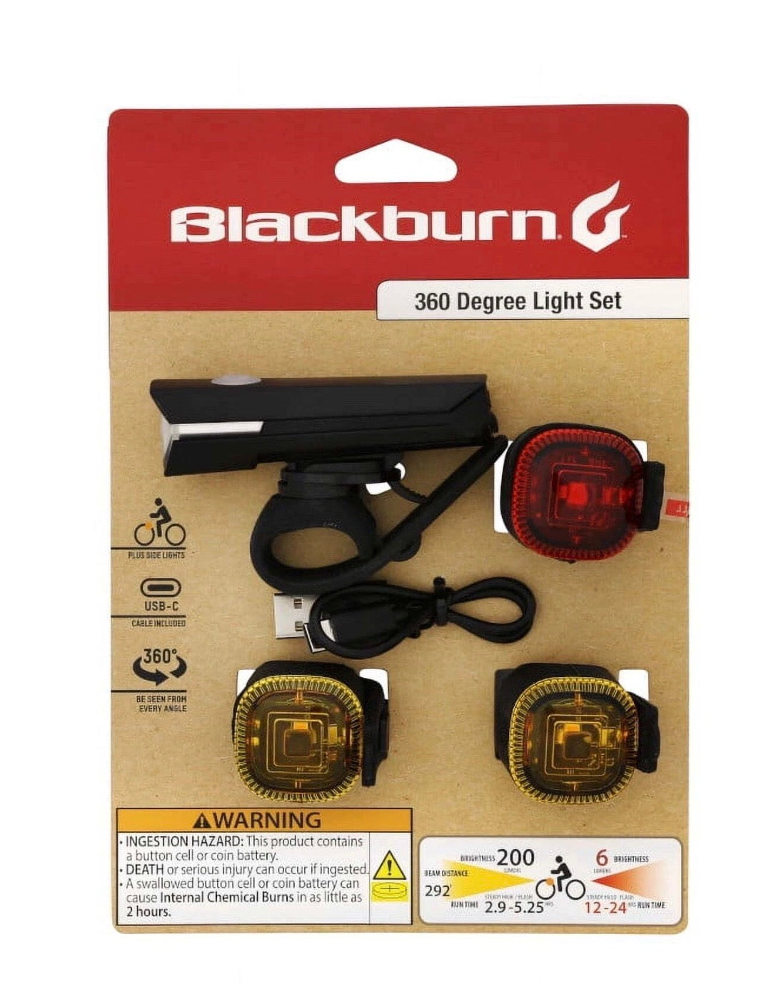 Blackburn 360 Degree Bicycle Light Set – USB-C Rechargeable 200 Lumens Front & Rear Safety Lights with Side Visibility