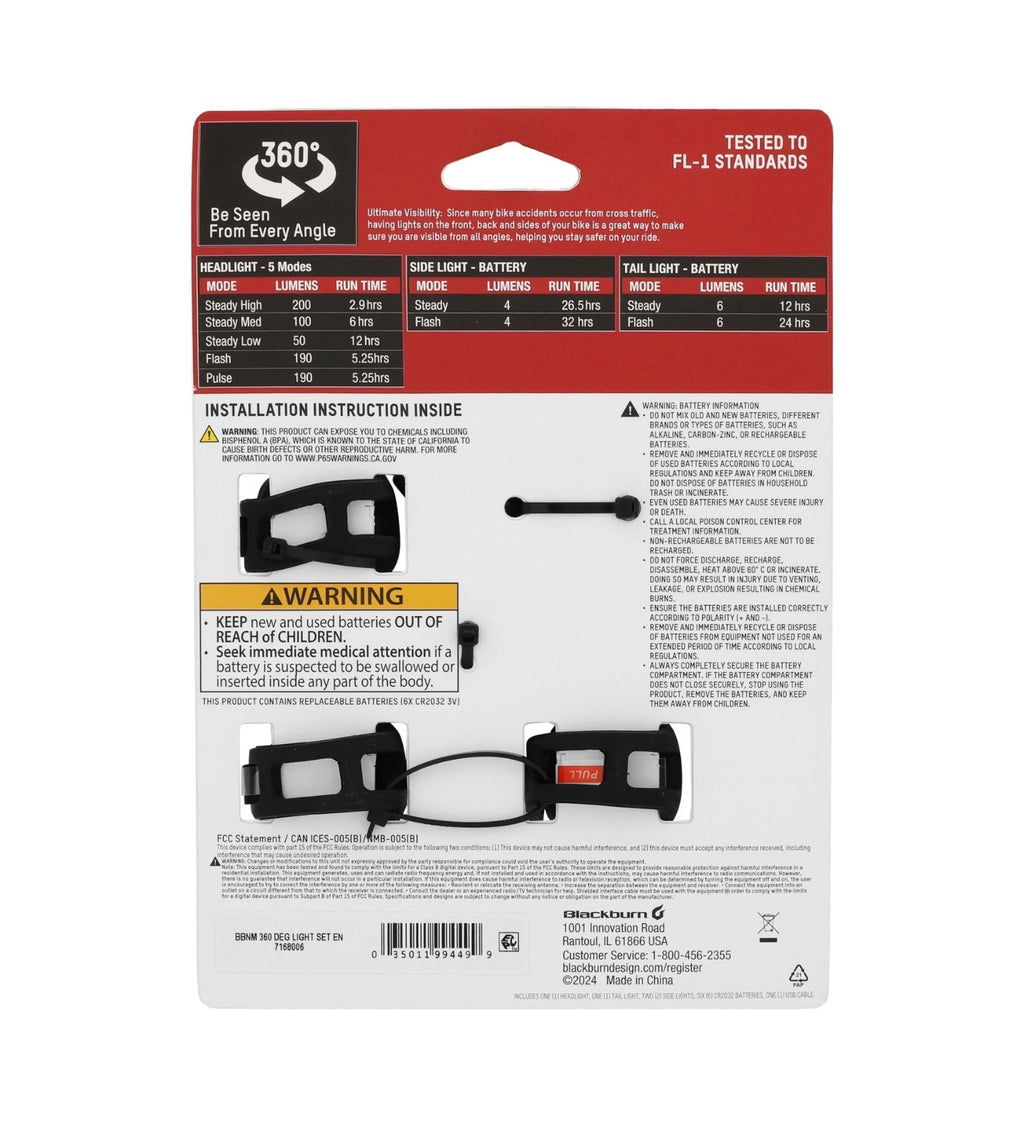 Blackburn 360 Degree Bicycle Light Set – USB-C Rechargeable 200 Lumens Front & Rear Safety Lights with Side Visibility