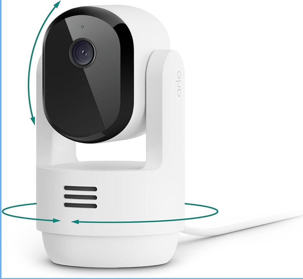 Arlo Essential 2K Indoor Security Camera (2025) – Pan & Tilt, Smart Motion Tracking, Person & Pet Detection, 6-Month Secure Plus Included