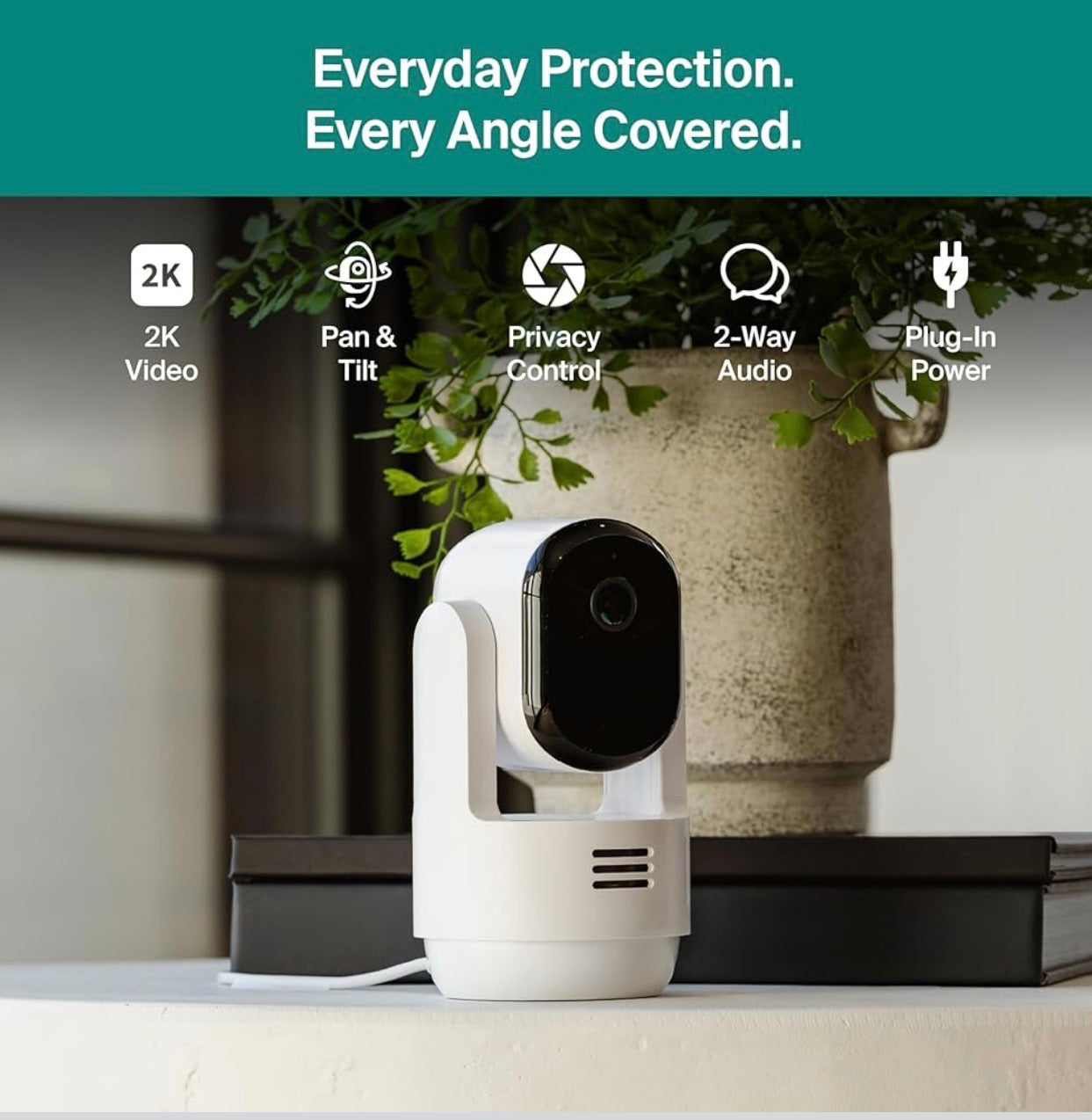 Arlo Essential 2K Indoor Security Camera (2025) – Pan & Tilt, Smart Motion Tracking, Person & Pet Detection, 6-Month Secure Plus Included